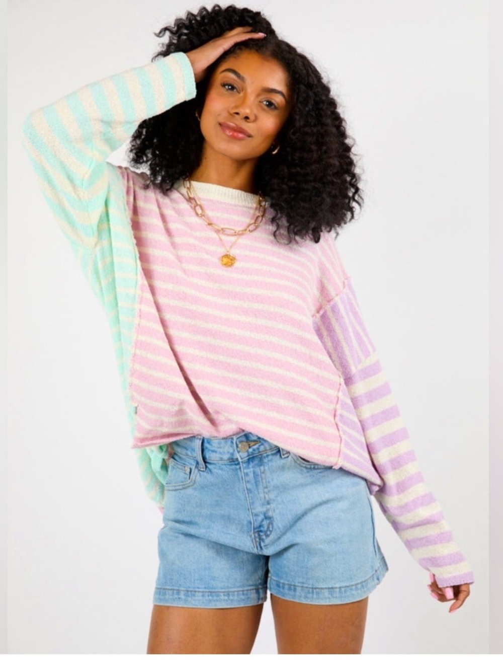 Pink Lily | Pastel Striped Crewneck Sweater in Pink, Mint & Lavender Sz S